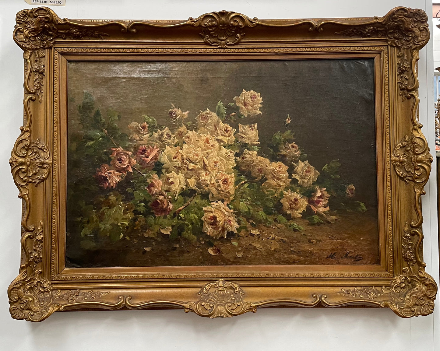 Beautifully French floral oil on canvas by H. Martins framed in a beautiful ornate decorative gilt frame. Sourced from France and is in good original detailed condition.