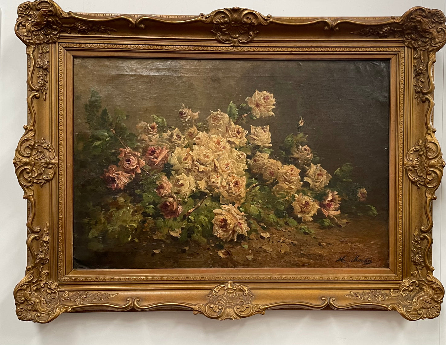 Beautifully French floral oil on canvas by H. Martins framed in a beautiful ornate decorative gilt frame. Sourced from France and is in good original detailed condition.