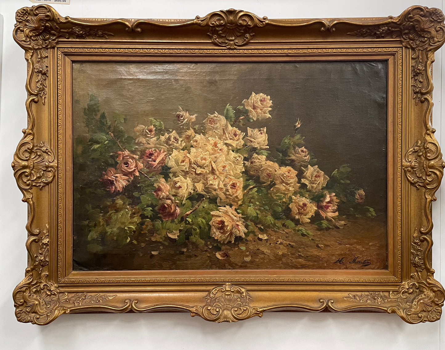 Beautifully French floral oil on canvas by H. Martins framed in a beautiful ornate decorative gilt frame. Sourced from France and is in good original detailed condition.