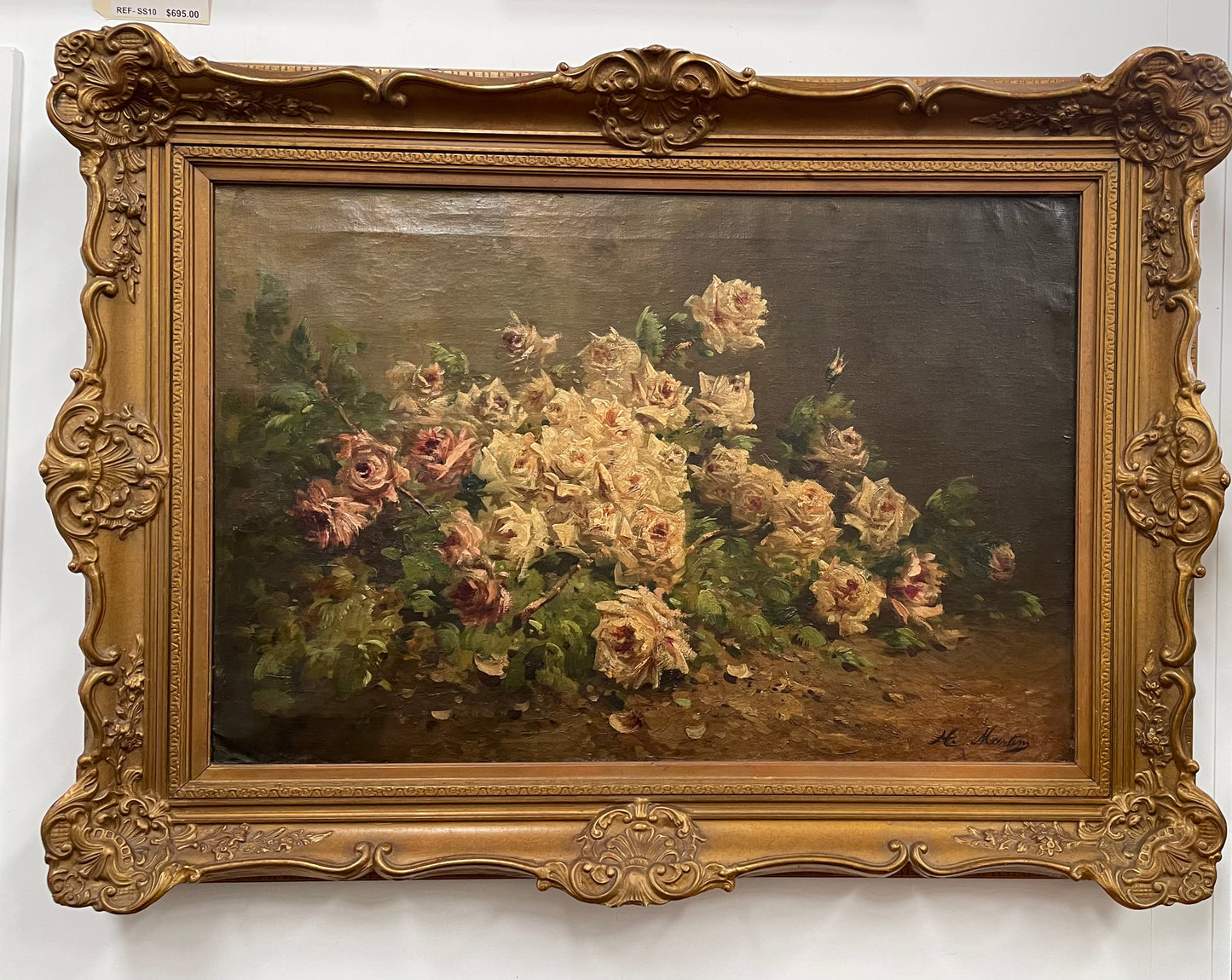 Beautifully French floral oil on canvas by H. Martins framed in a beautiful ornate decorative gilt frame. Sourced from France and is in good original detailed condition.