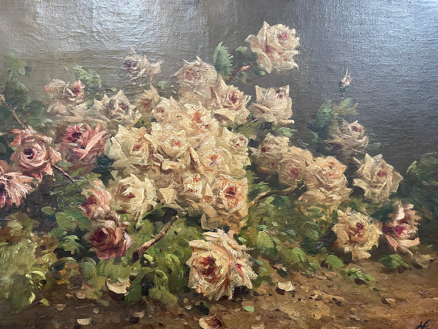 Beautifully French floral oil on canvas by H. Martins framed in a beautiful ornate decorative gilt frame. Sourced from France and is in good original detailed condition.