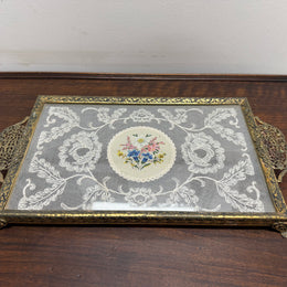 Vintage Glass Lace Petit Point Dressing Table Brass Tray