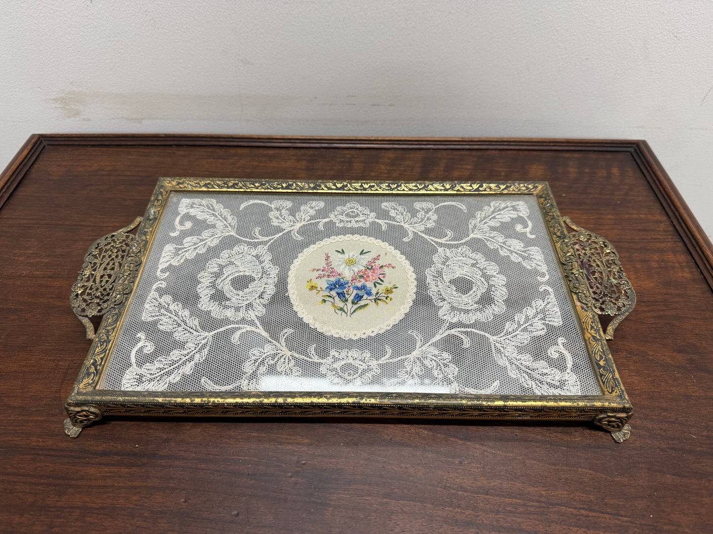 Vintage Glass Lace Petit Point Dressing Table Brass Tray