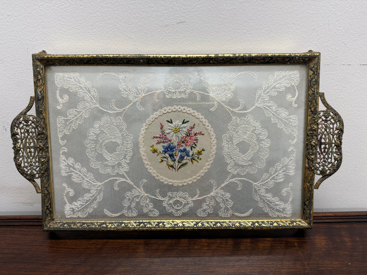 Vintage Glass Lace Petit Point Dressing Table Brass Tray