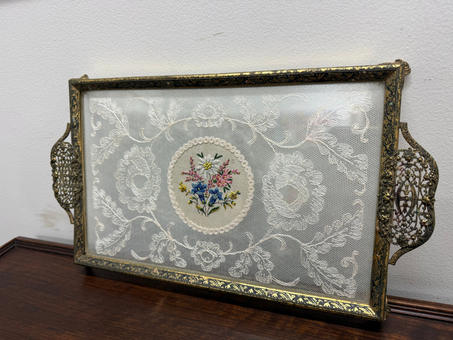 Vintage Glass Lace Petit Point Dressing Table Brass Tray