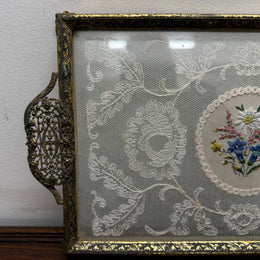 Vintage Glass Lace Petit Point Dressing Table Brass Tray