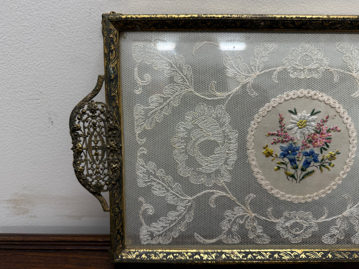 Vintage Glass Lace Petit Point Dressing Table Brass Tray
