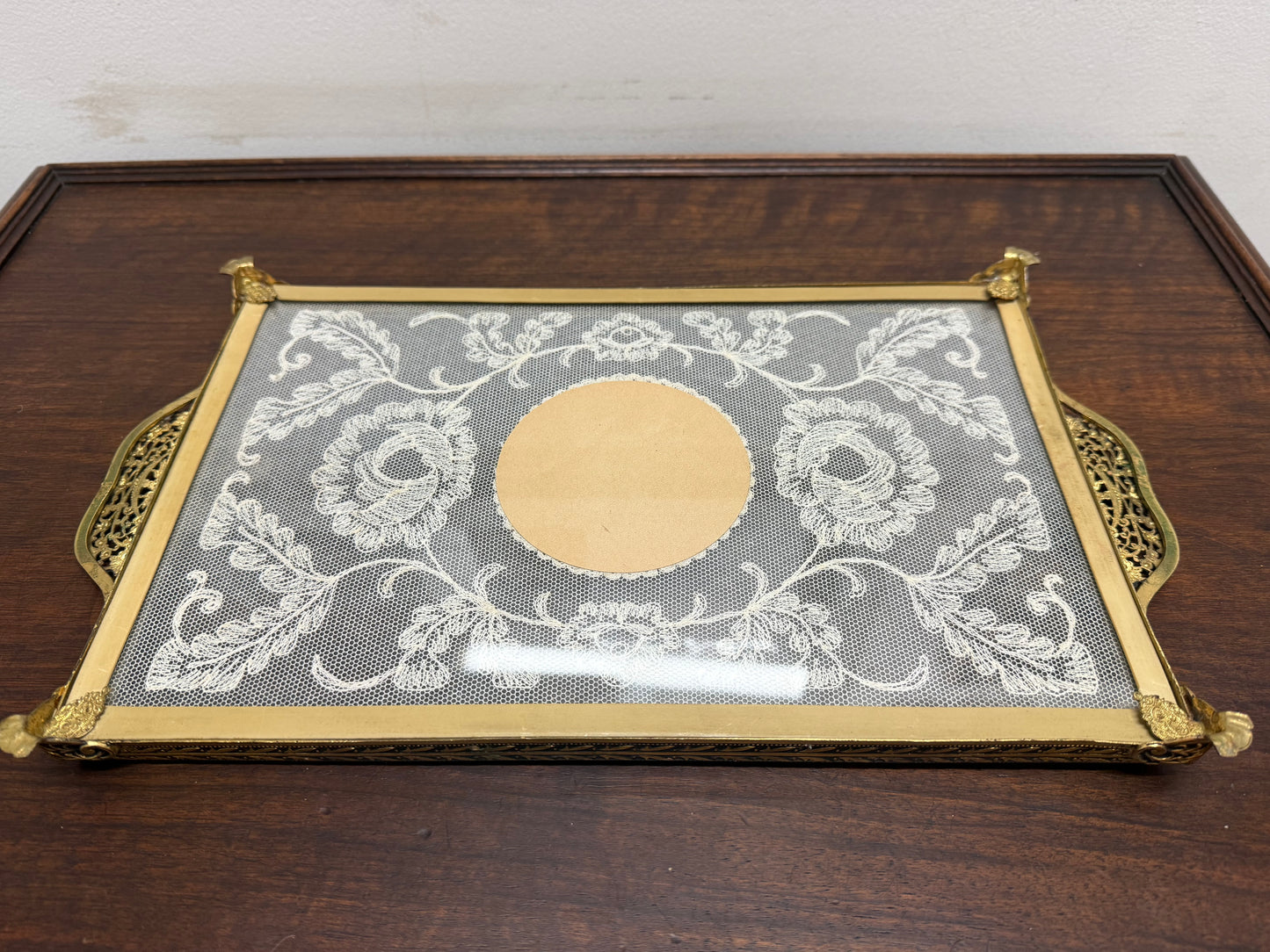 Vintage Glass Lace Petit Point Dressing Table Brass Tray