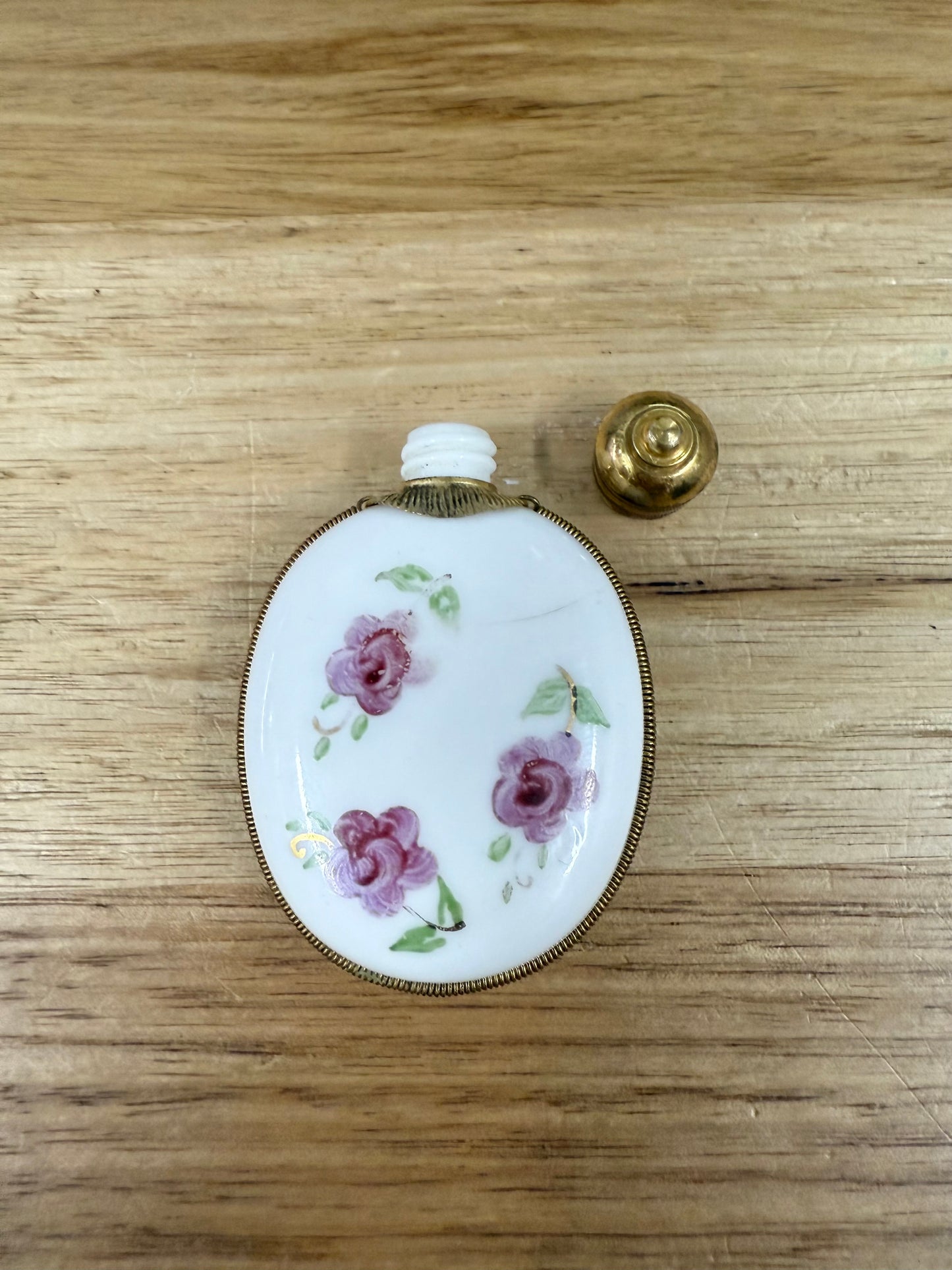 Antique Hand Blown Hand Painted Milk Glass Scent Bottle