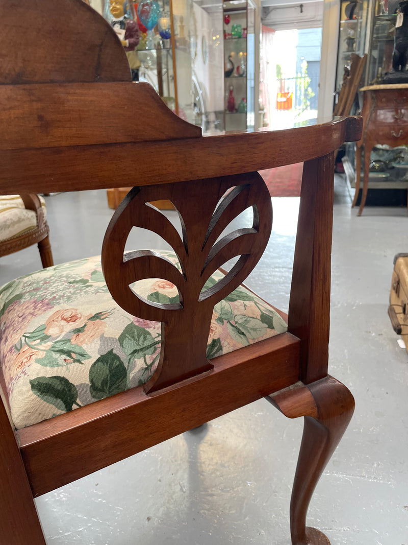 Charming mahogany upholstered seat corner chair with pretty floral fabric. Sourced locally and in good original condition.