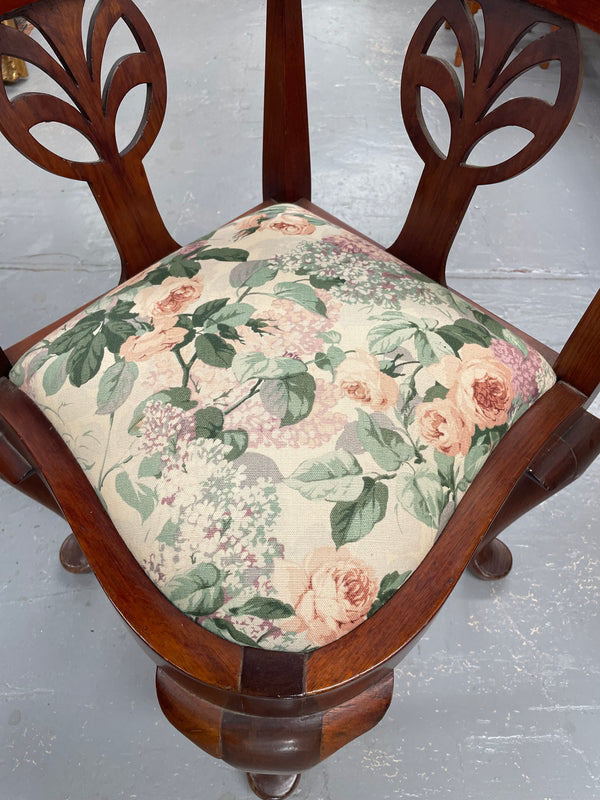 Charming mahogany upholstered seat corner chair with pretty floral fabric. Sourced locally and in good original condition.