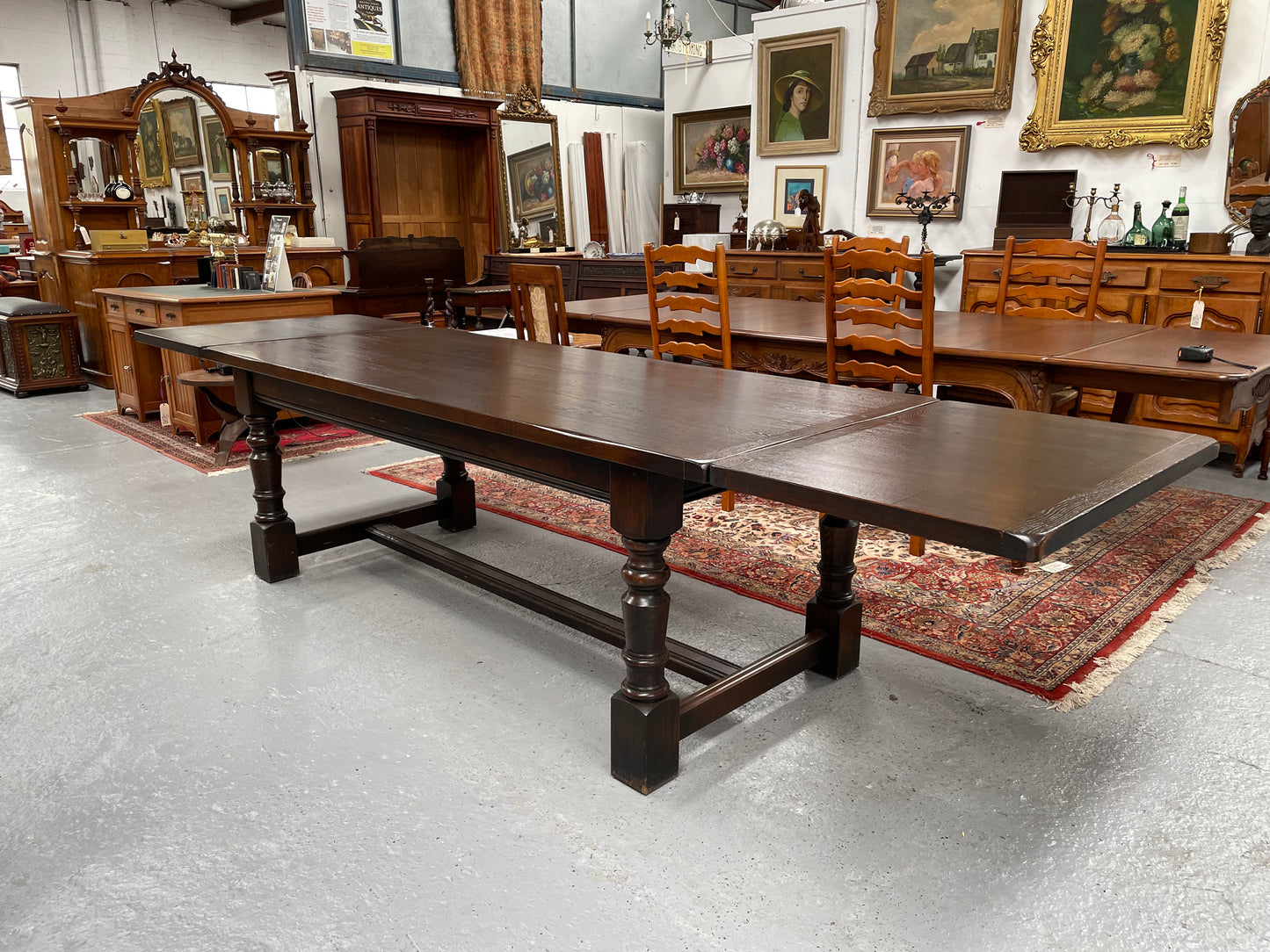 Stunning Antique Oak French Extension, Stretcher Base And Turned Leg Dining Table