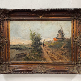 Fabulous Dutch oil painting landscape with windmill in a beautiful decorative ornate frame. It has been sourced from France and is in good original detailed condition. 