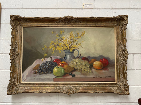 Sourced from France, beautiful oil on canvas still life of flowers and fruit and signed by the artist. The frame is very decorative and is in good original detailed condition. Please see all photos as they form part of the description and condition.
