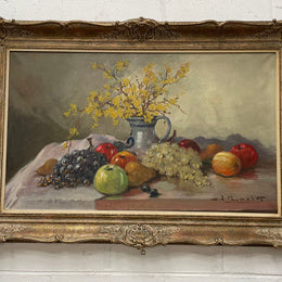Sourced from France, beautiful oil on canvas still life of flowers and fruit and signed by the artist. The frame is very decorative and is in good original detailed condition. Please see all photos as they form part of the description and condition.