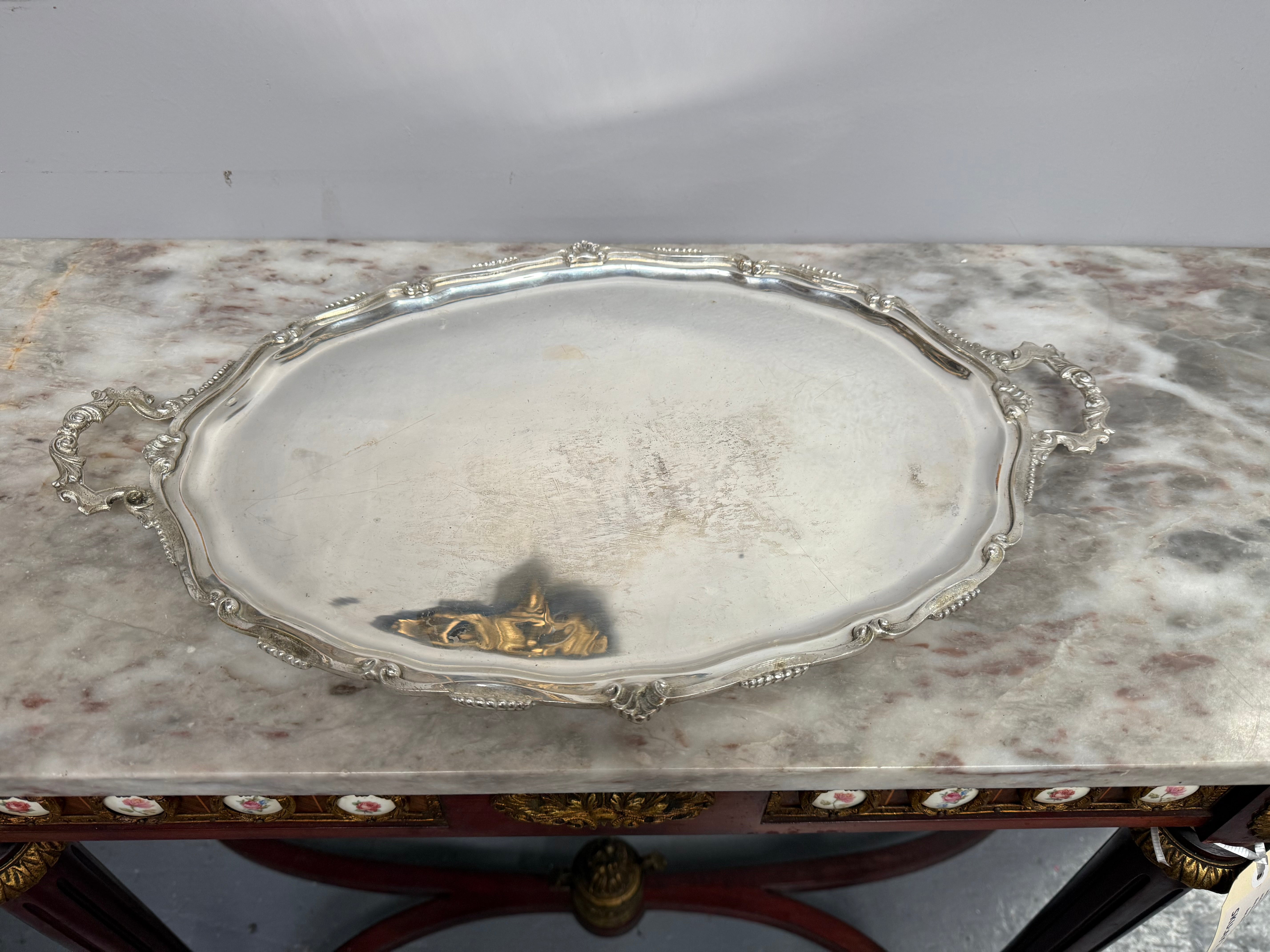 Vintage Silver Sheffield Plate Serving Tray With Decorative Scalloped Edge