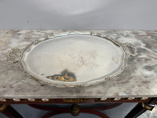 Vintage Silver Sheffield Plate Serving Tray With Decorative Scalloped Edge