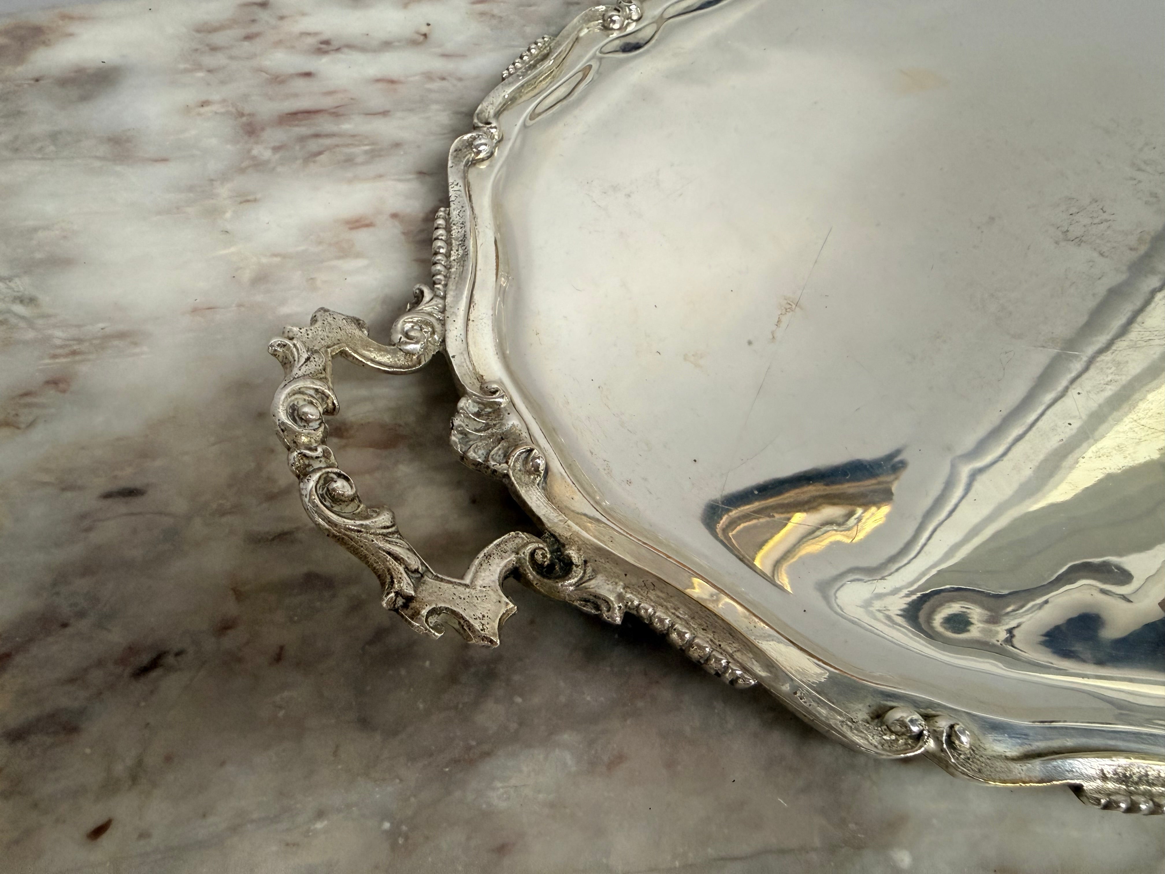 Vintage Silver Sheffield Plate Serving Tray With Decorative Scalloped Edge