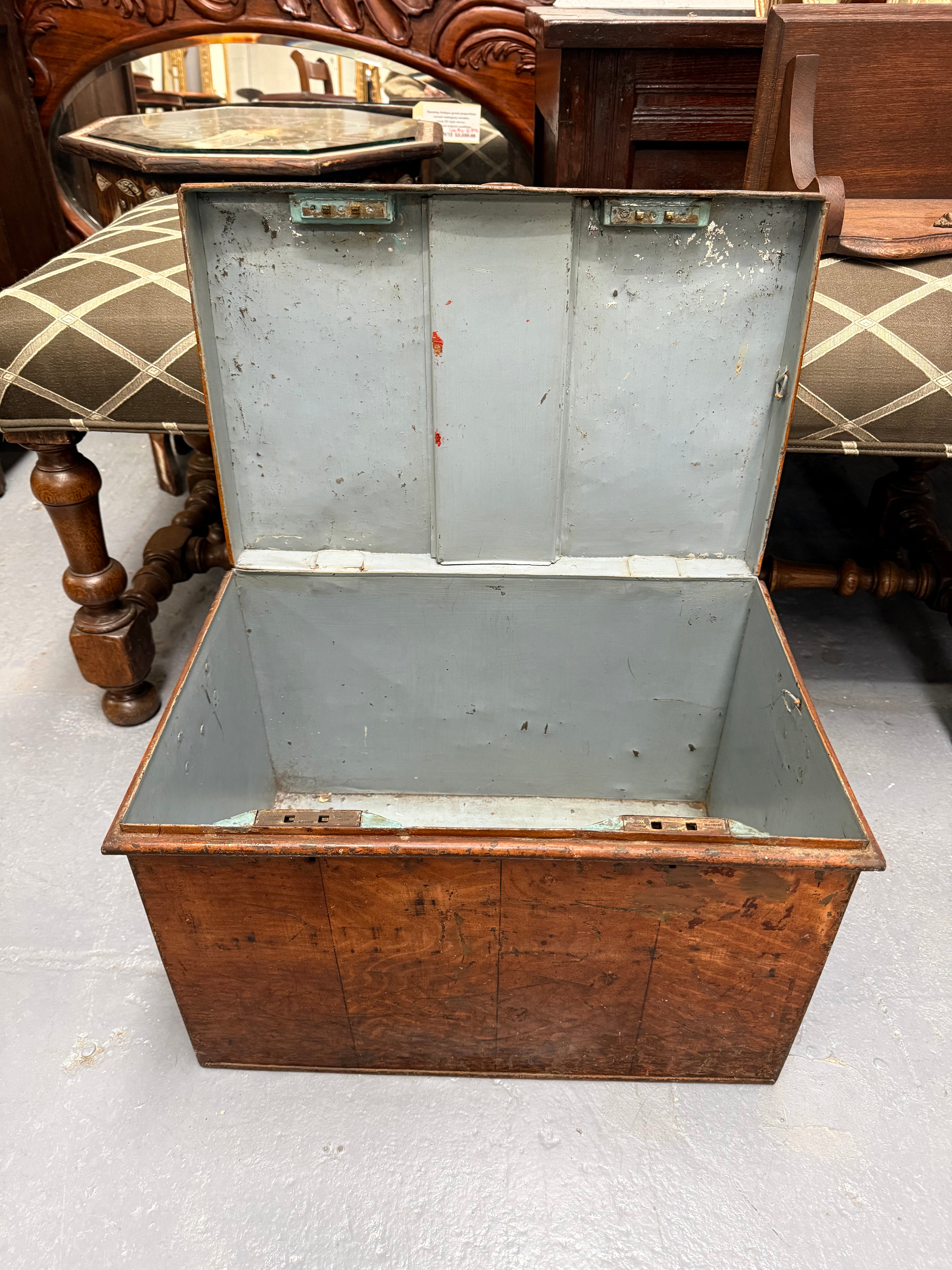 Charming Rustic Antique Victorian Metal Deed Box Faux Oak Finish