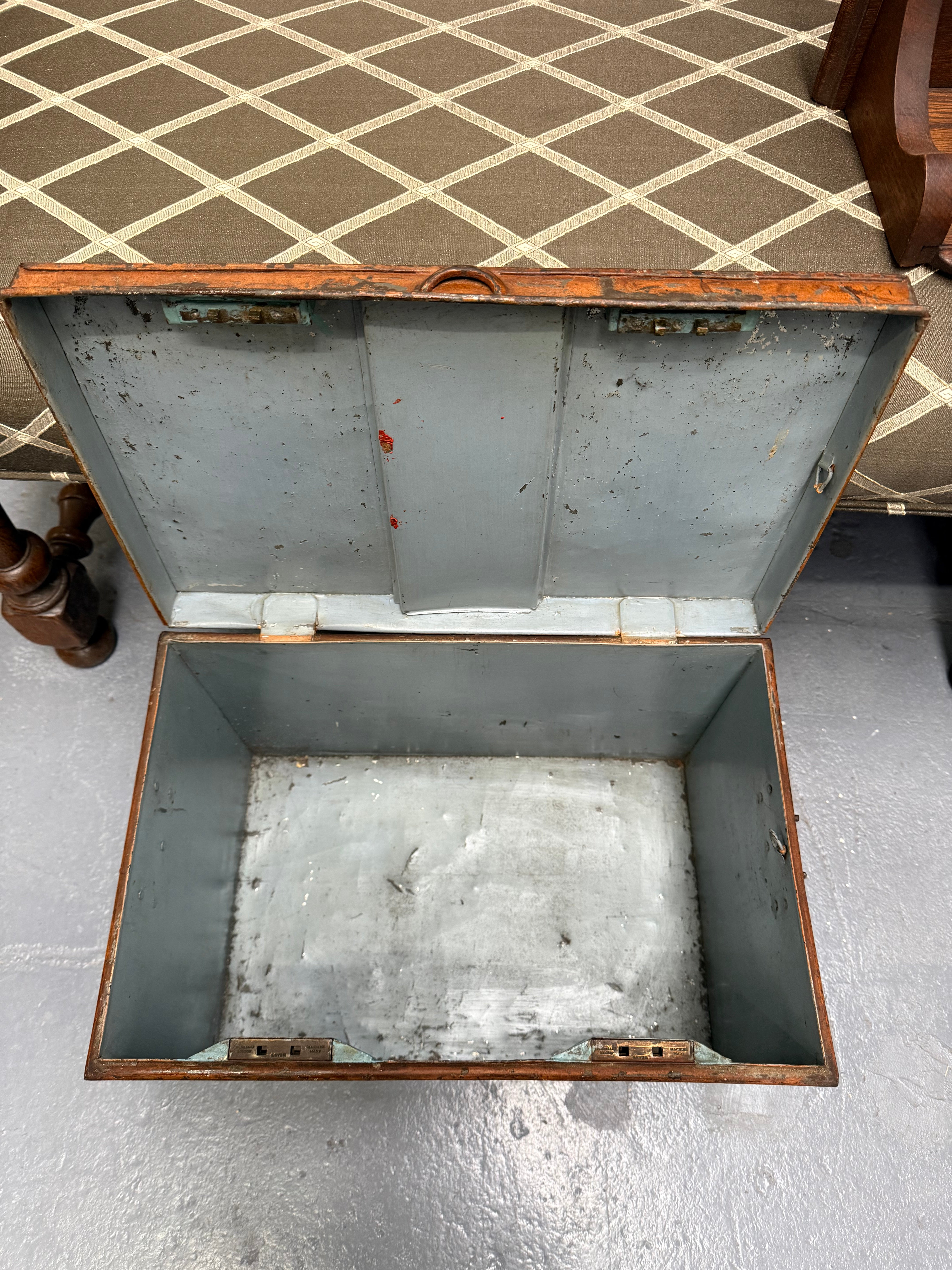 Charming Rustic Antique Victorian Metal Deed Box Faux Oak Finish | Antique & Vintage | Moonee Ponds Antiques | Australia Wide Delivery