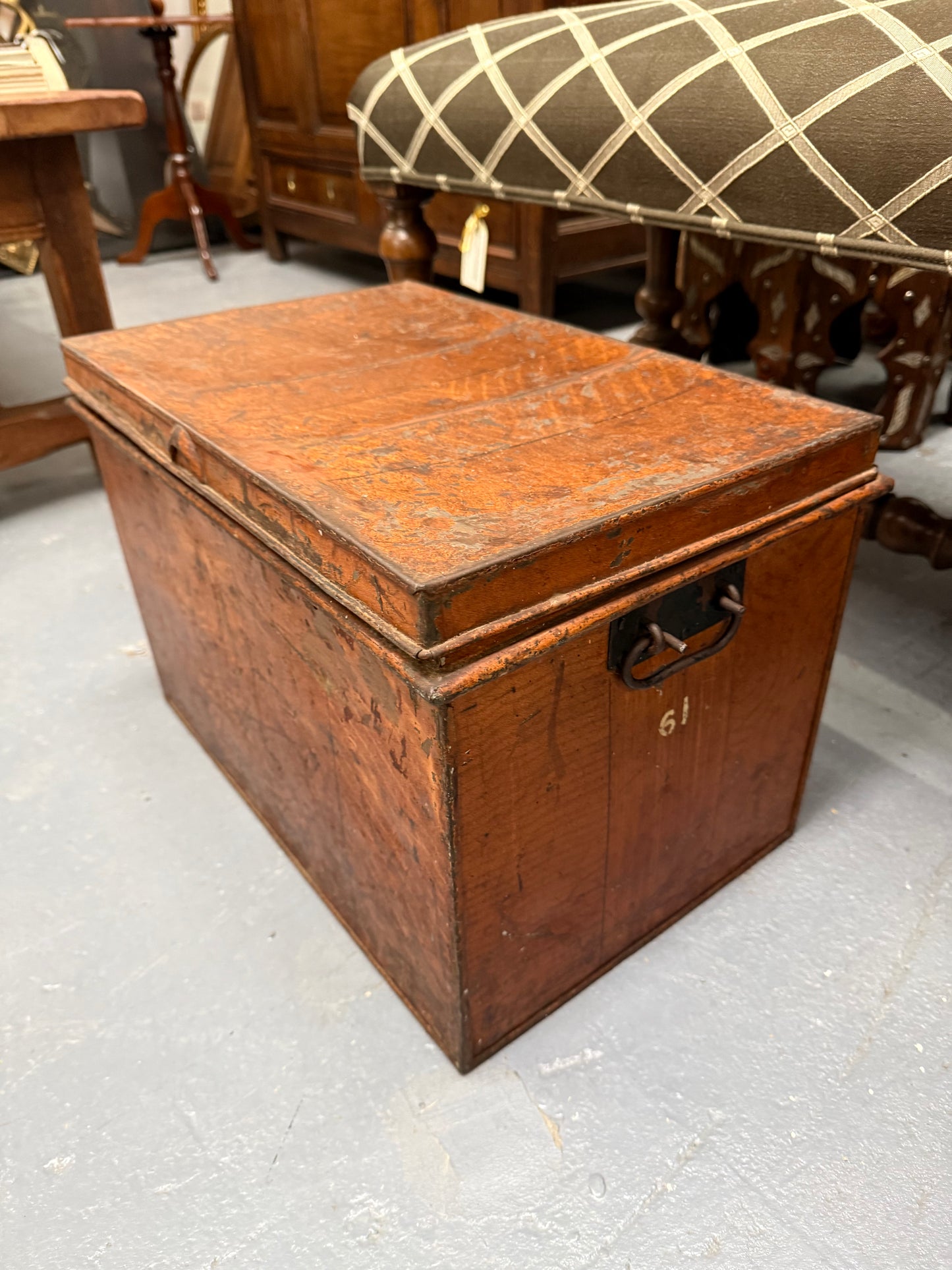 Charming Rustic Antique Victorian Metal Deed Box Faux Oak Finish