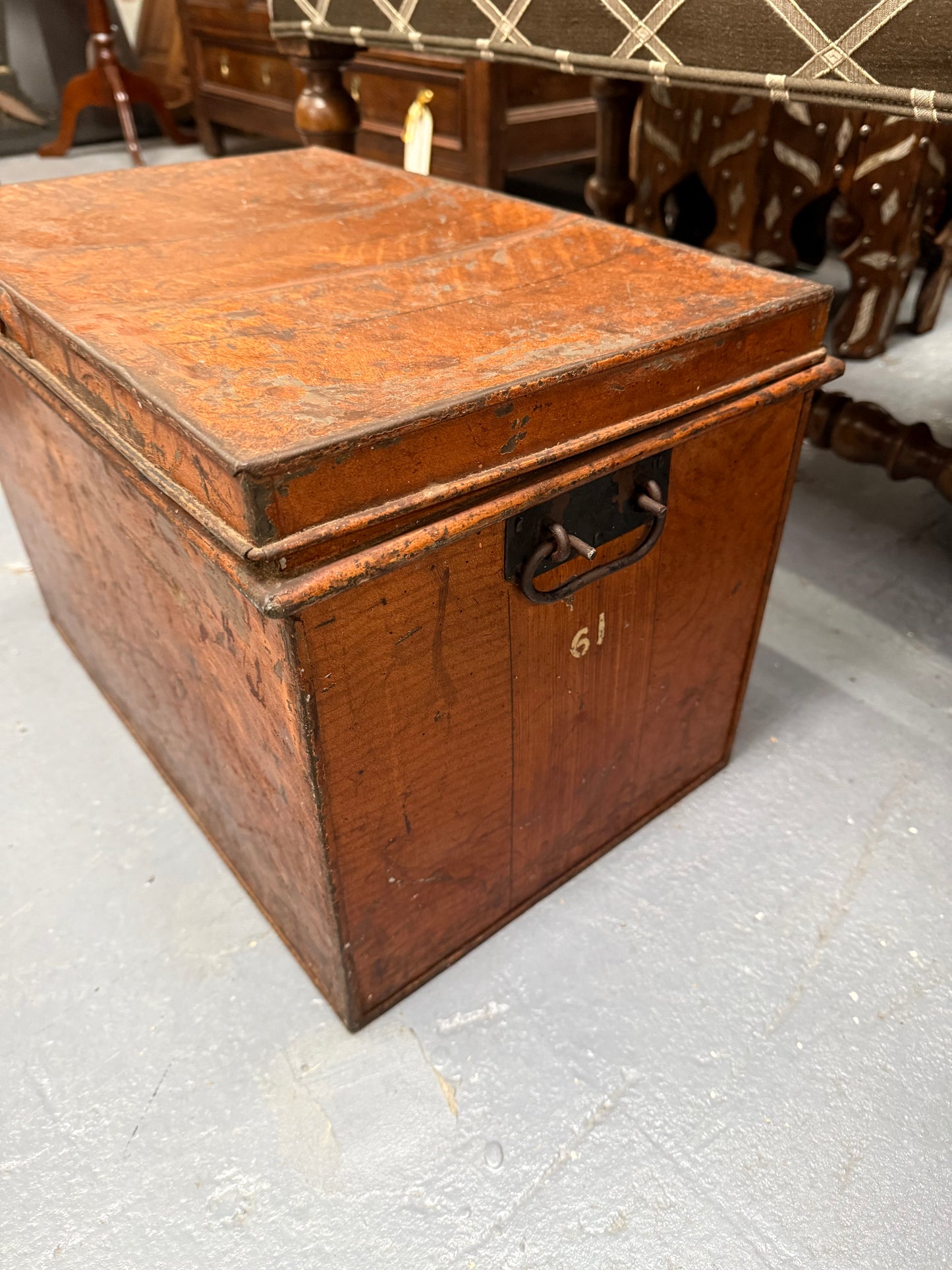 Charming Rustic Antique Victorian Metal Deed Box Faux Oak Finish