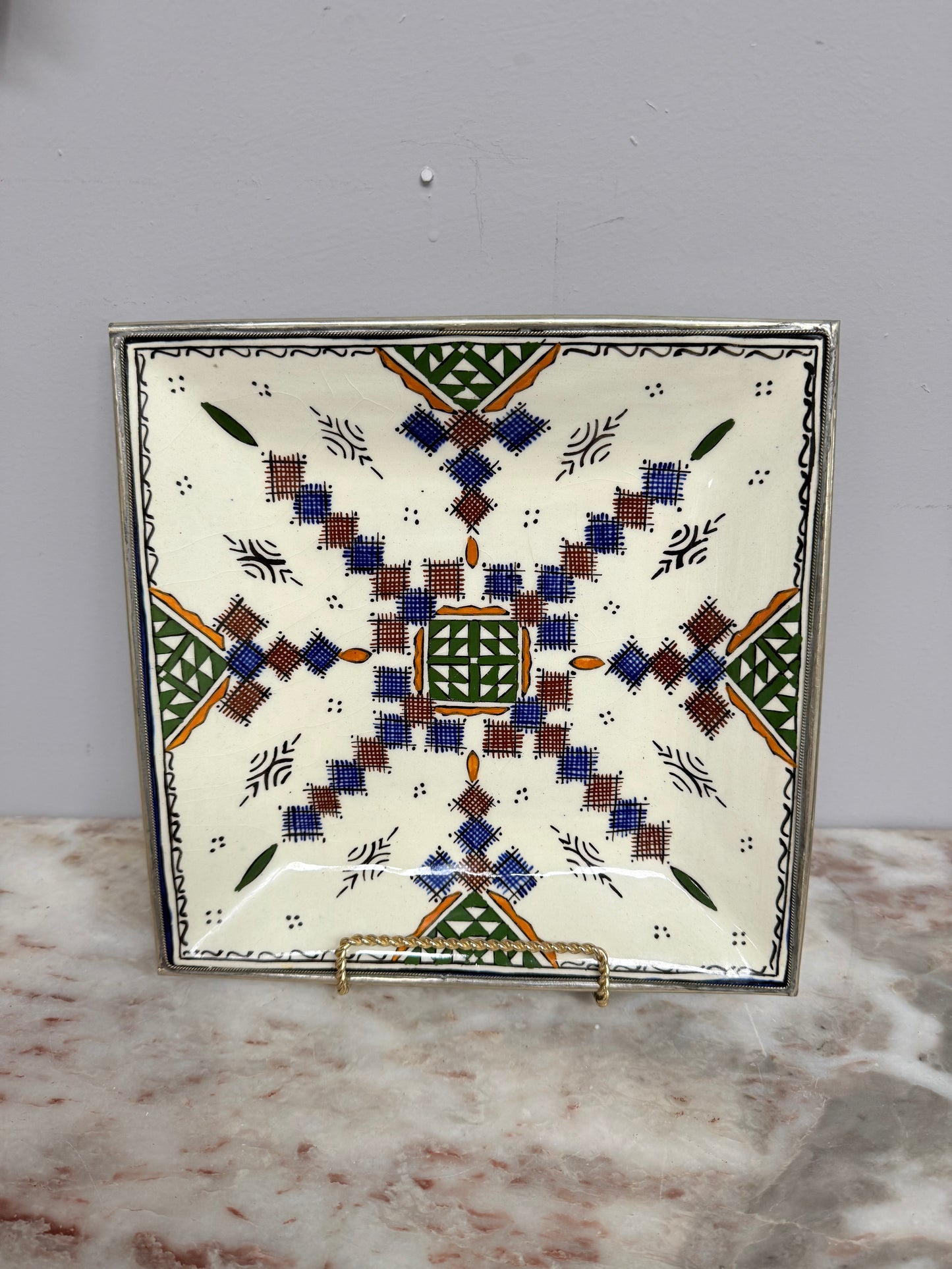 Vintage Moroccon Tile Tray With Silver Trim