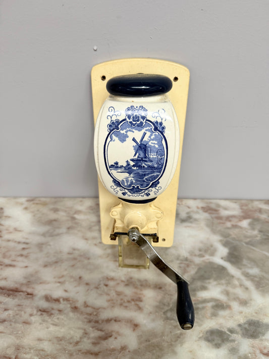 Vintage Dutch Wall Mounted Blue & White Coffee Grinder