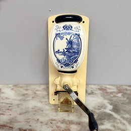 Vintage Dutch Wall Mounted Blue & White Coffee Grinder