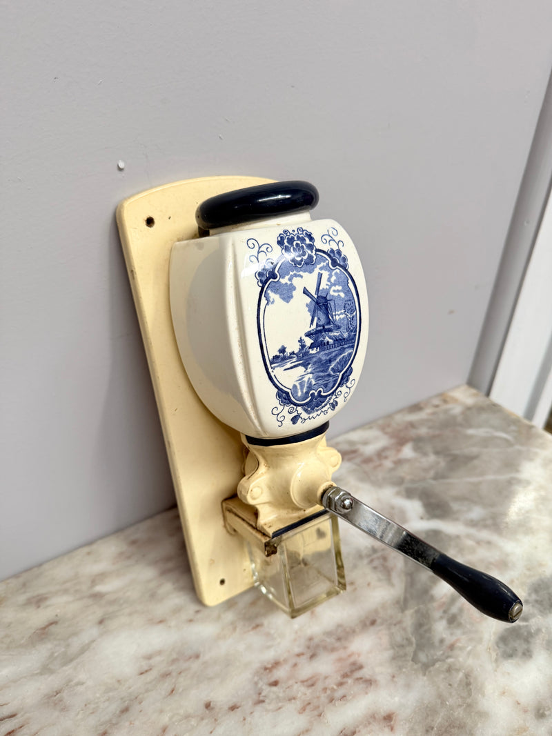 Vintage Dutch Wall Mounted Blue & White Coffee Grinder