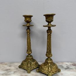 Antique Pair French Rococo/Baroque Style 19th Century Brass Candlesticks