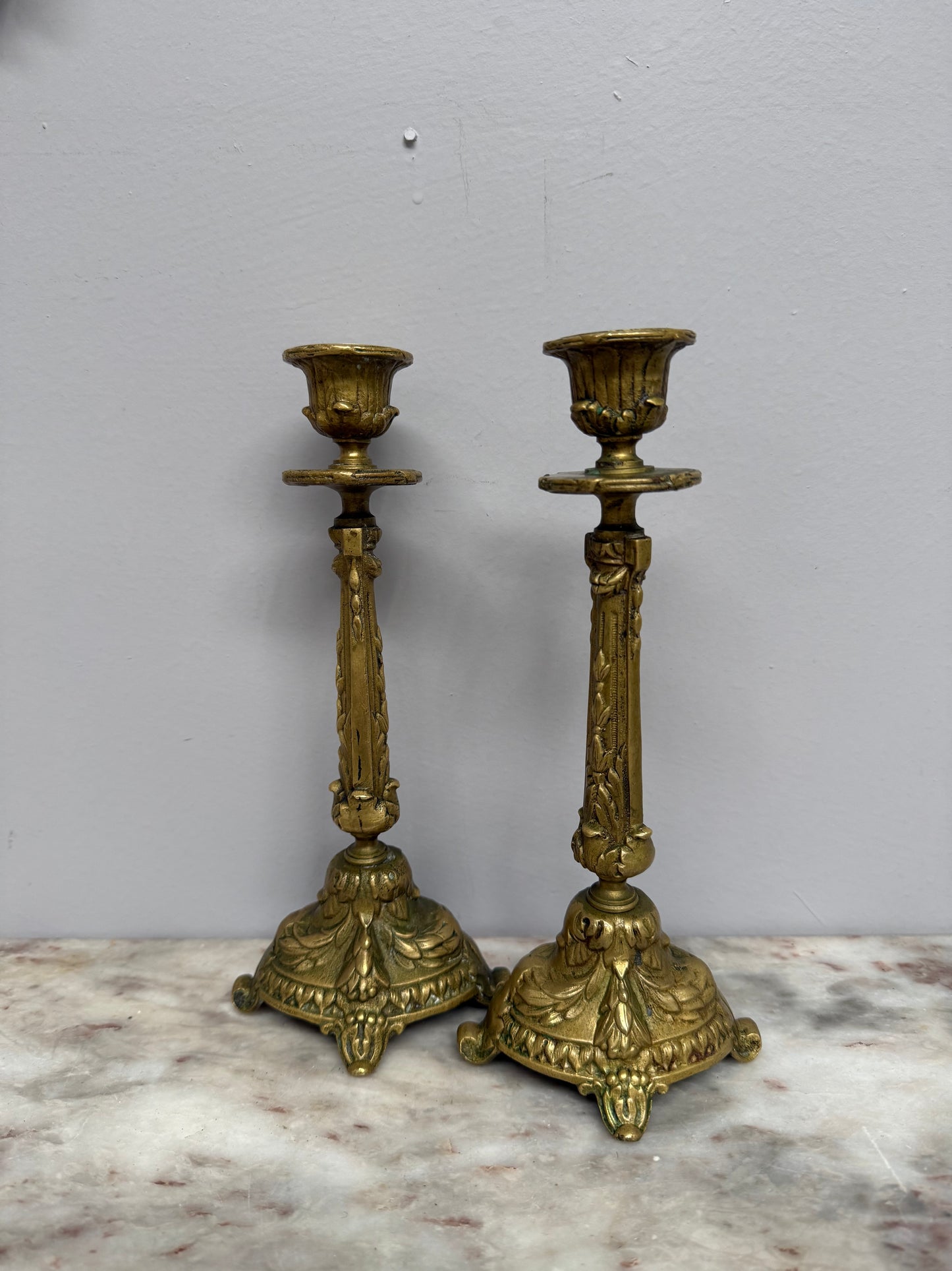 Antique Pair French Rococo/Baroque Style 19th Century Brass Candlesticks