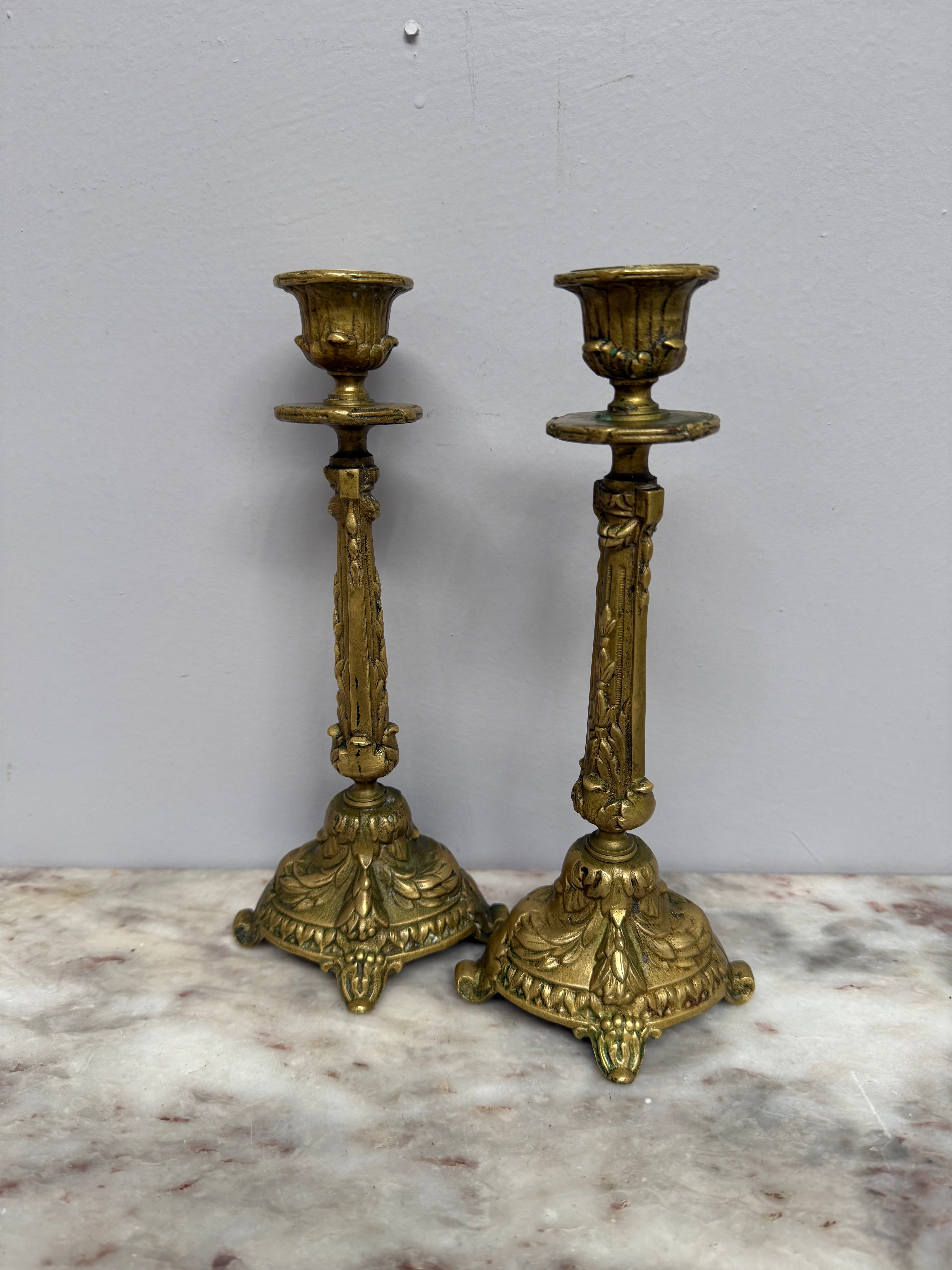 Antique Pair French Rococo/Baroque Style 19th Century Brass Candlesticks