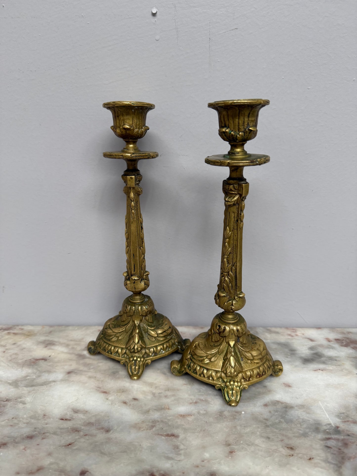 Antique Pair French Rococo/Baroque Style 19th Century Brass Candlesticks