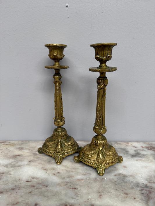 Antique Pair French Rococo/Baroque Style 19th Century Brass Candlesticks