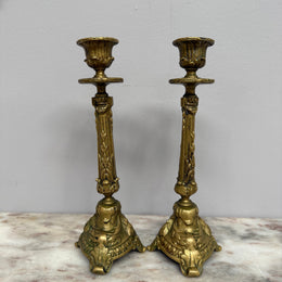 Antique Pair French Rococo/Baroque Style 19th Century Brass Candlesticks
