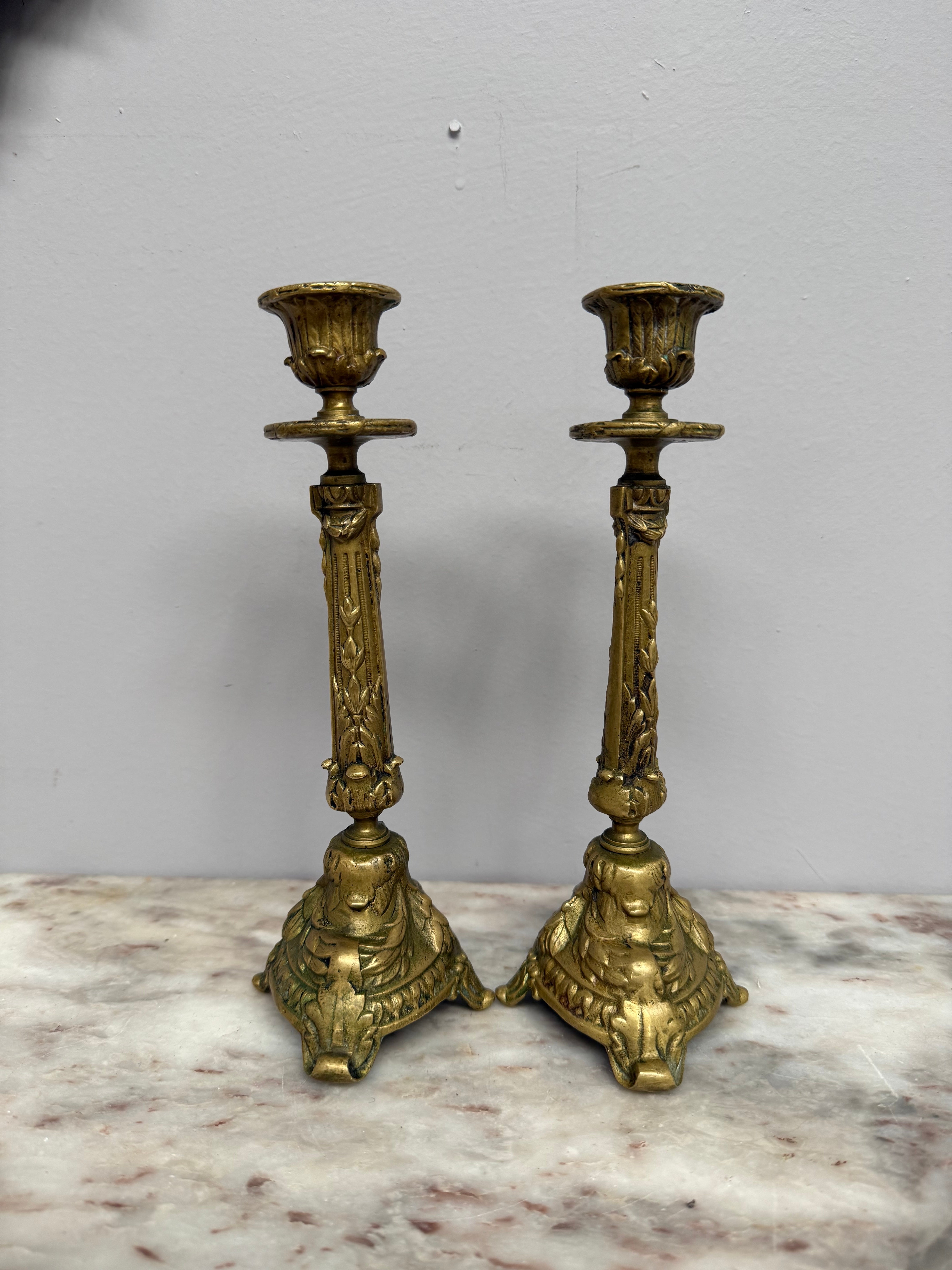 Antique Pair French Rococo/Baroque Style 19th Century Brass Candlesticks