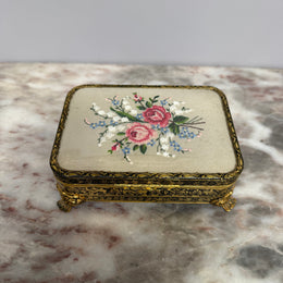 Vintage Gilt Filigree Petit Point Embroidered Trinket/Vanity Box