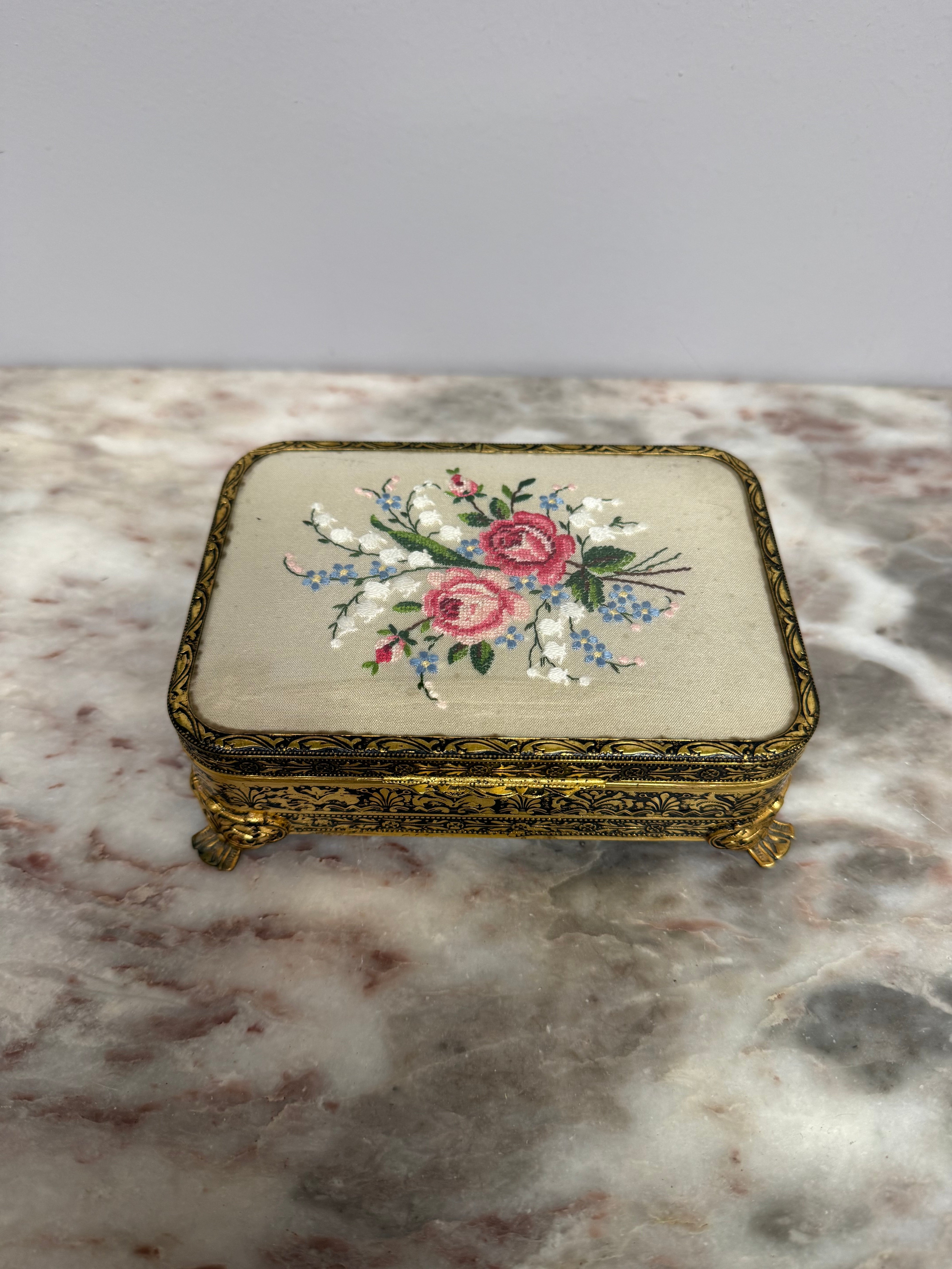 Vintage Gilt Filigree Petit Point Embroidered Trinket/Vanity Box | Antique & Vintage | Moonee Ponds Antiques | Australia Wide Delivery