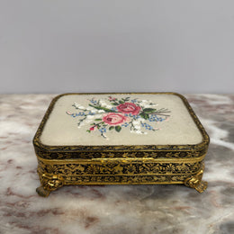 Vintage Gilt Filigree Petit Point Embroidered Trinket/Vanity Box
