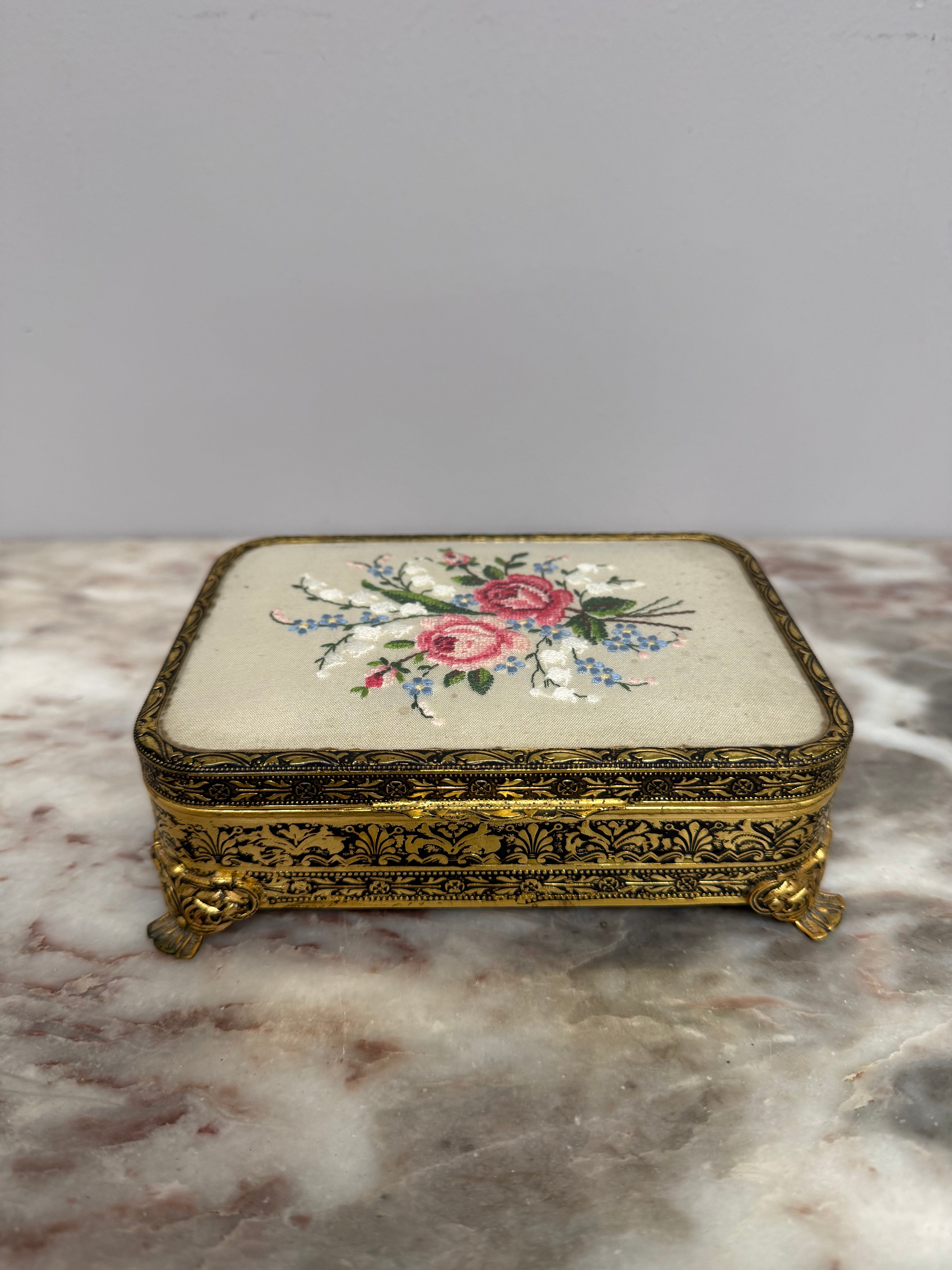 Vintage Gilt Filigree Petit Point Embroidered Trinket/Vanity Box | Antique & Vintage | Moonee Ponds Antiques | Australia Wide Delivery