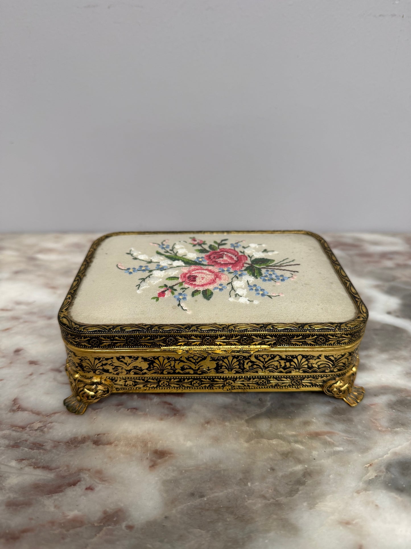 Vintage Gilt Filigree Petit Point Embroidered Trinket/Vanity Box