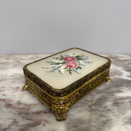 Vintage Gilt Filigree Petit Point Embroidered Trinket/Vanity Box