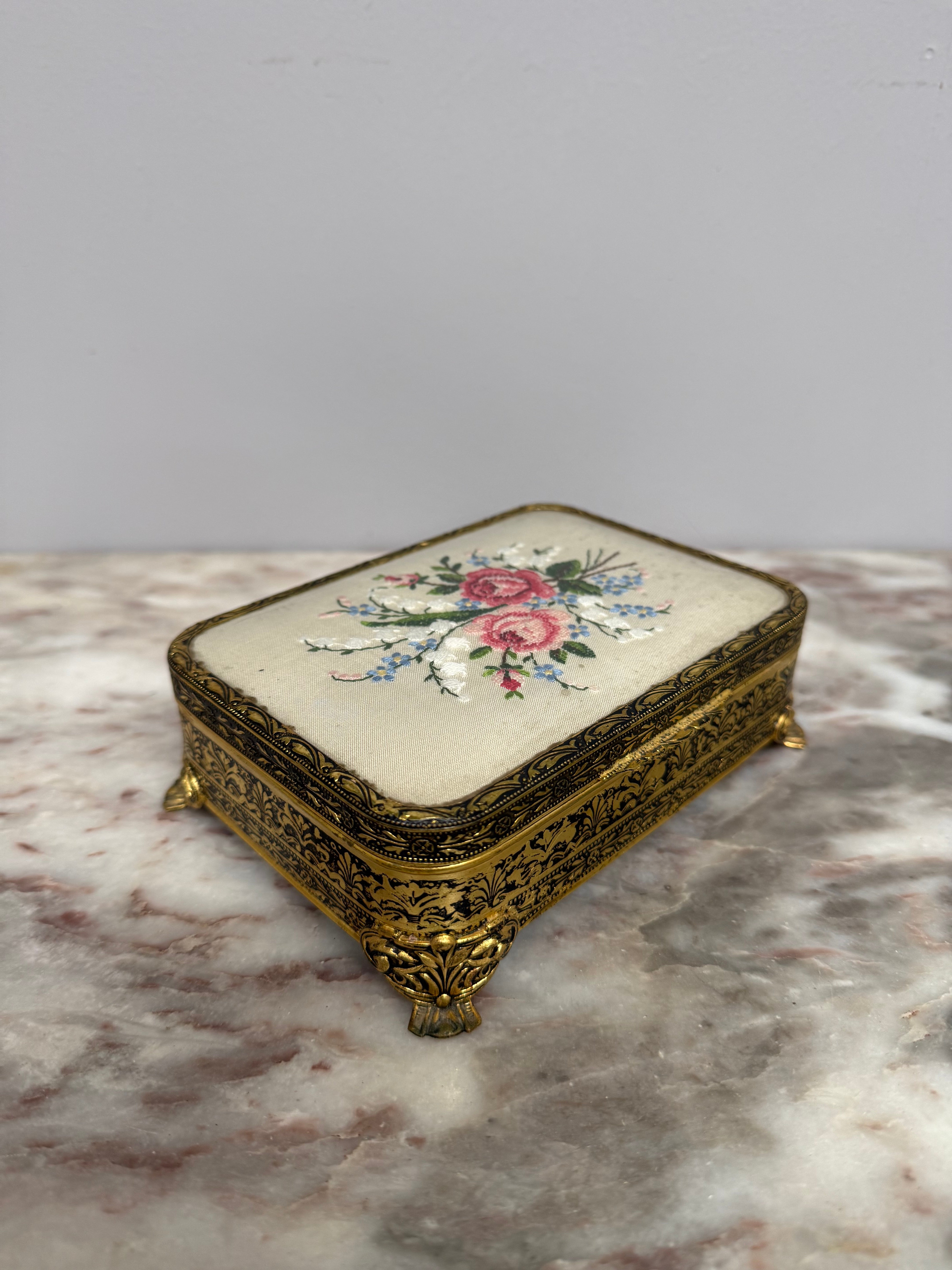 Vintage Gilt Filigree Petit Point Embroidered Trinket/Vanity Box | Antique & Vintage | Moonee Ponds Antiques | Australia Wide Delivery
