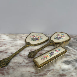 Vintage 3Pce Gilt Filigree Petit Point Vanity Set