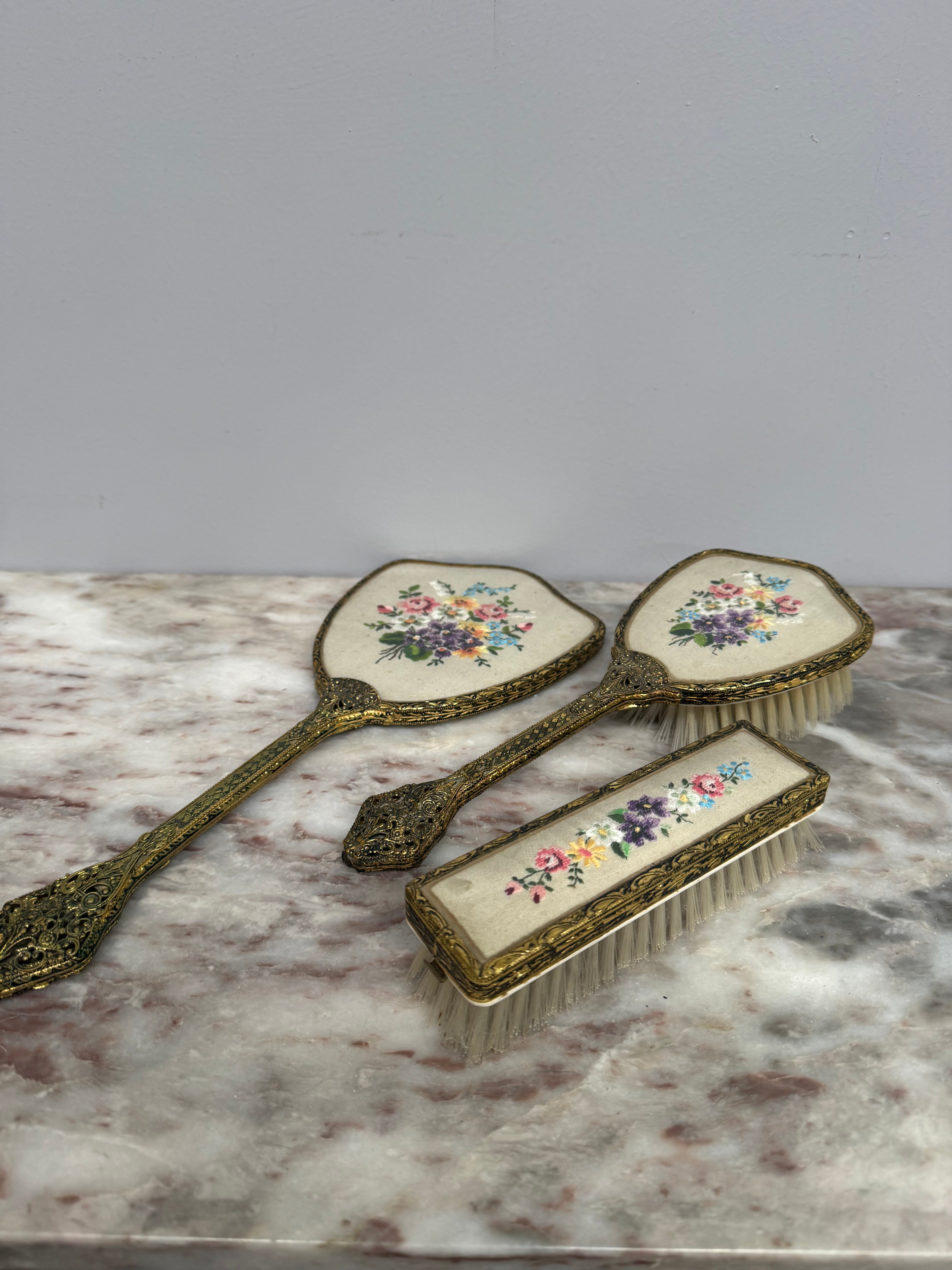 Vintage 3Pce Gilt Filigree Petit Point Vanity Set | Antique & Vintage | Moonee Ponds Antiques | Australia Wide Delivery