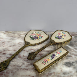 Vintage 3Pce Gilt Filigree Petit Point Vanity Set