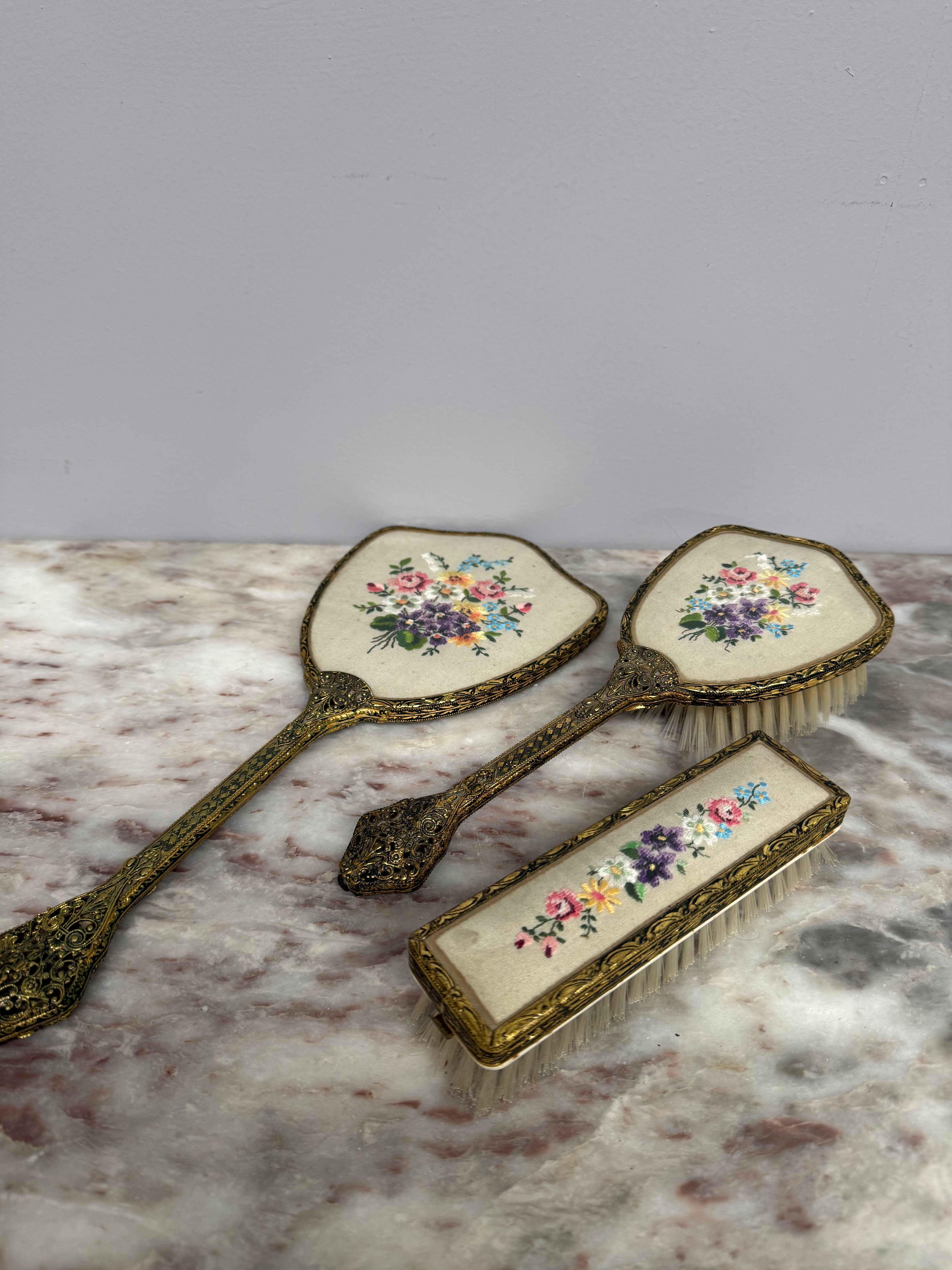 Vintage 3Pce Gilt Filigree Petit Point Vanity Set