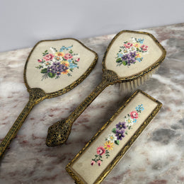 Vintage 3Pce Gilt Filigree Petit Point Vanity Set