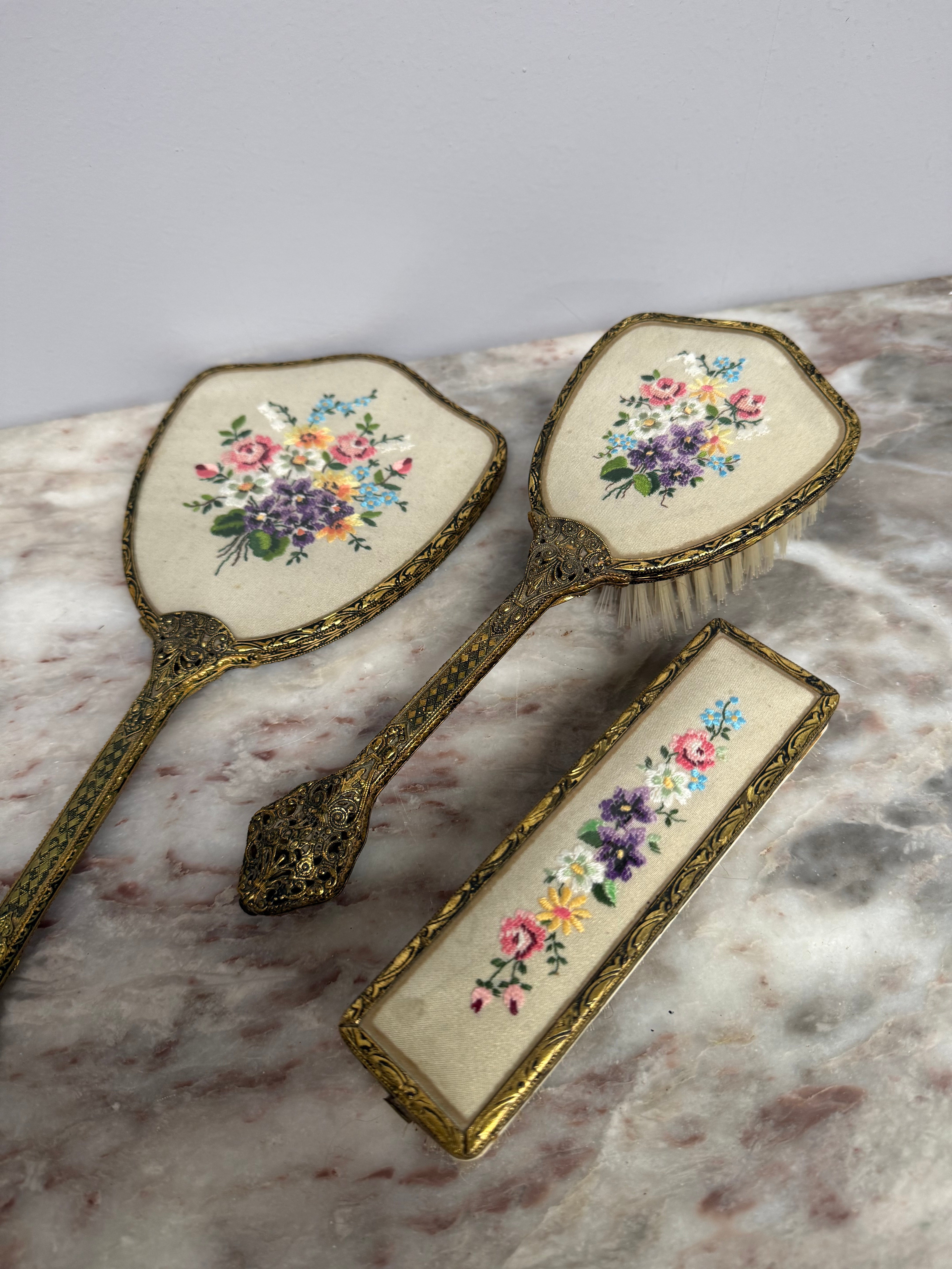 Vintage 3Pce Gilt Filigree Petit Point Vanity Set | Antique & Vintage | Moonee Ponds Antiques | Australia Wide Delivery